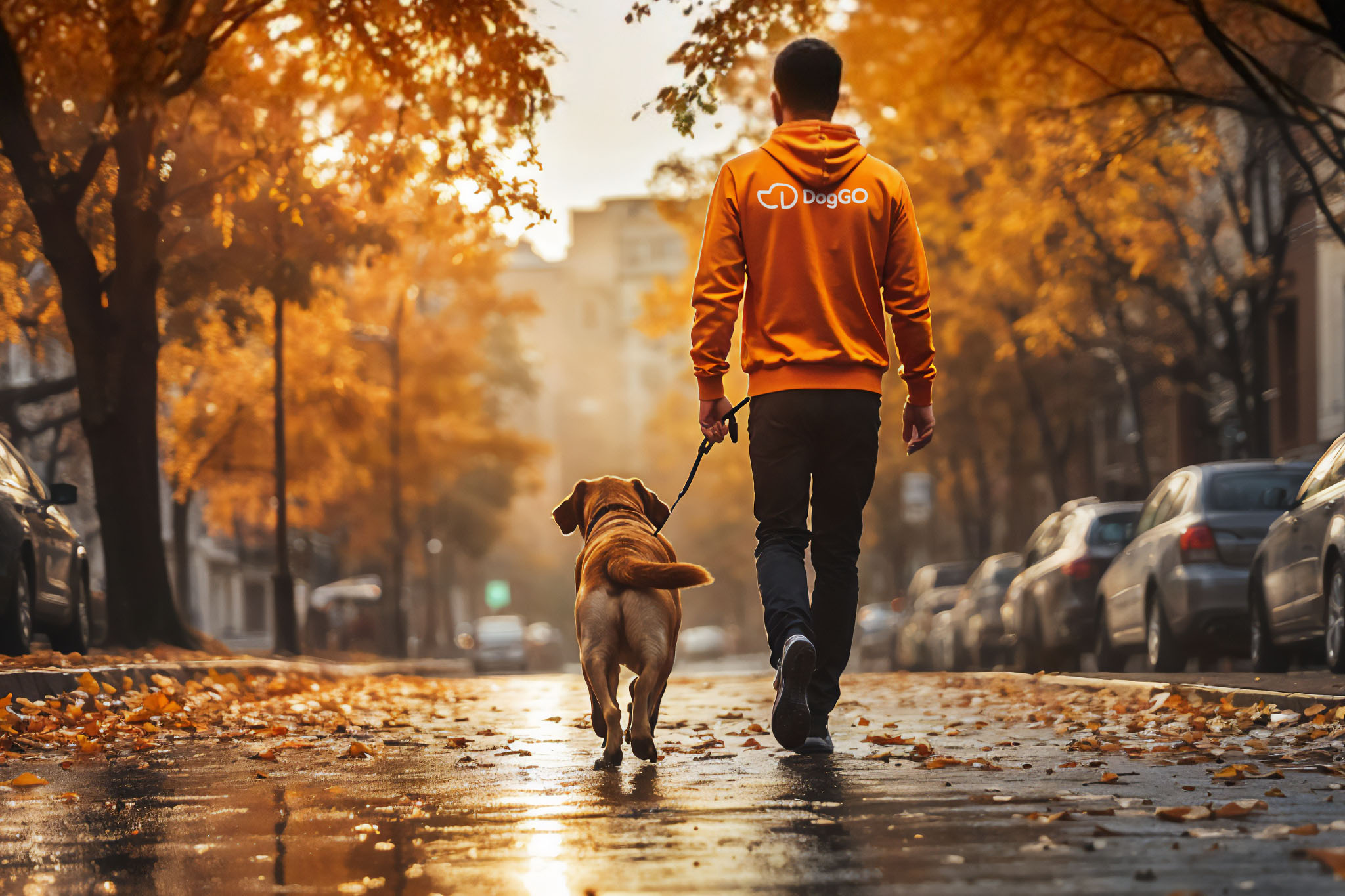 Man in DogGO hoodie walking dog on autumn street.