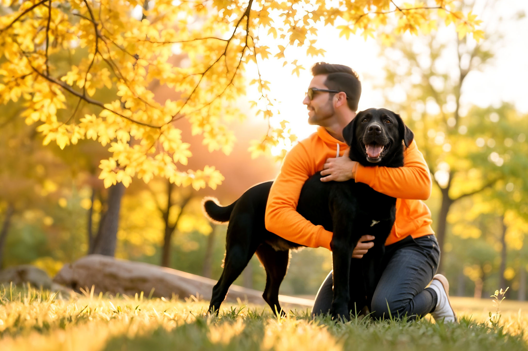 Man with a doggo hoodie hugging a dog.