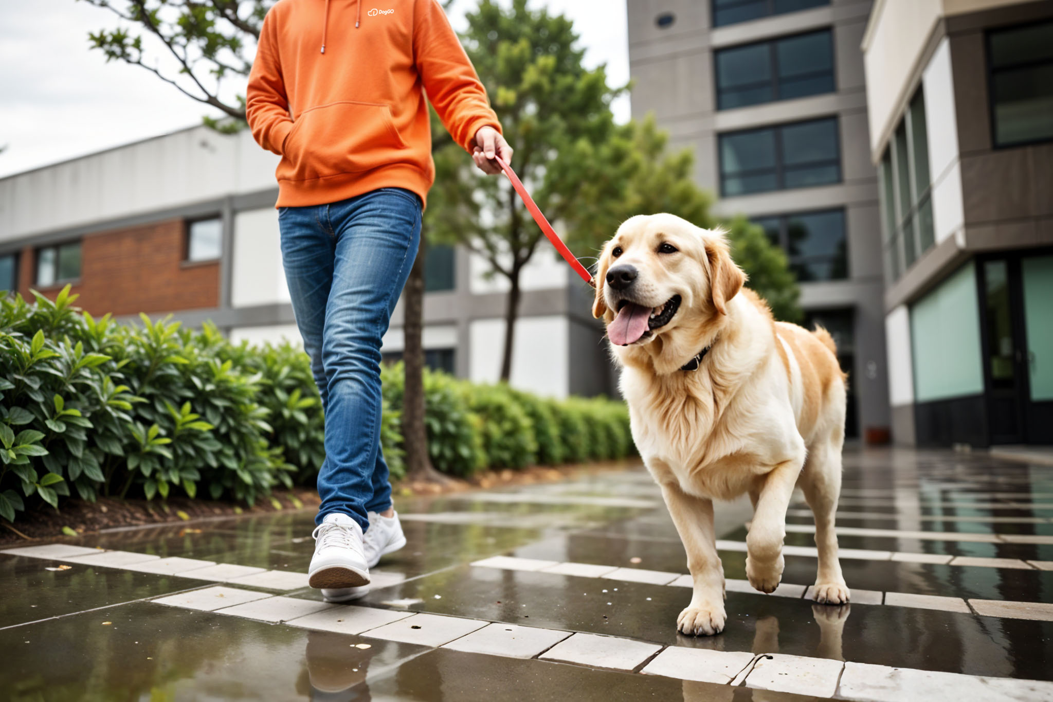 Doggo walker walking a dog on a street.