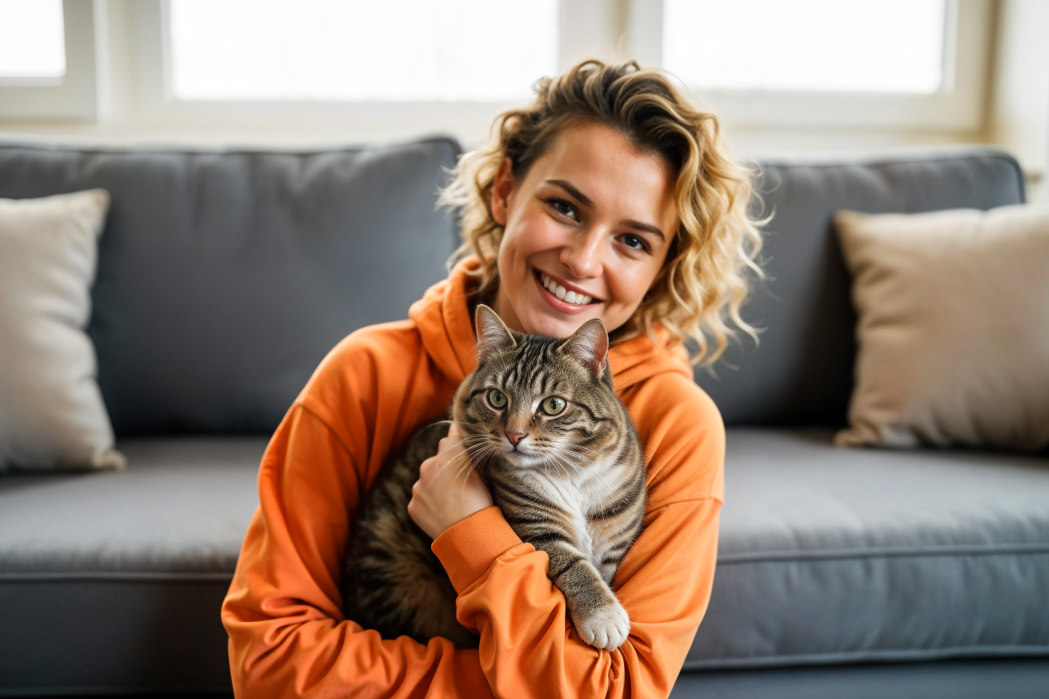 Smiling woman in DogGO hoodie holding a tabby cat indoors.